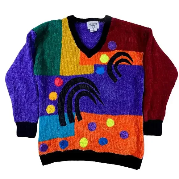 Vintage 90s Colorblock Chenille Sweater M 80s Abstract Art Retro Statement Knit - Picture 3 of 11